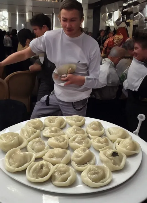 Prompt: a pelmeni in the size of a skyscraper