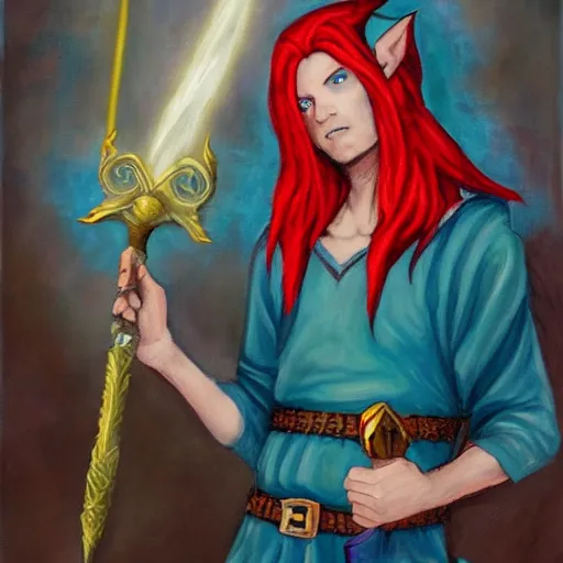 Image similar to a fantasy elf that is a wizard, holding a spell book and a dagger, with red hair, blue eyes, and is tall, oil on canvas