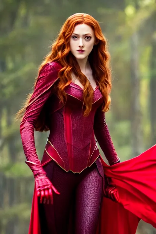 Prompt: Still of Katherine McNamara as the Scarlet Witch, gorgeous, enticing, full body shot, Ultra HD, TV, Fiction