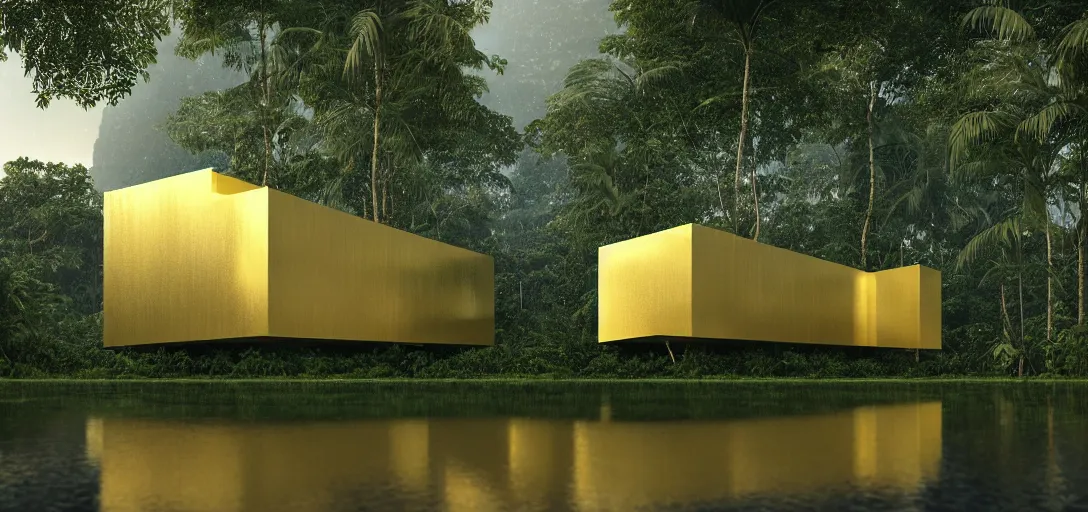 Prompt: futuristic shinny golden building camouflaged in the amazonian jungle landscape of a solarpunk world by alvar aalto, golden roads by le corbusier, movie poster, golden ratio, at dusk lighting, evening lighting, reflections and refractions, film still, hyper realistic, octane render redshift arnold materials unreal engine, 8 k, post production, hyper detailed