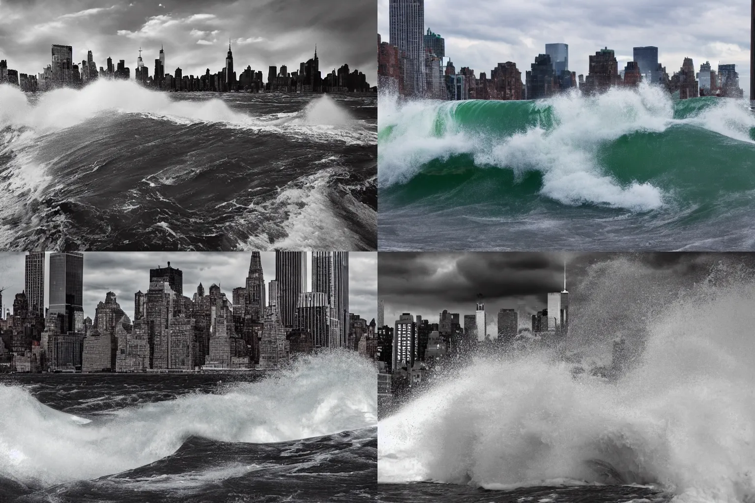 Prompt: tidal wave bearing down on Manhattan, wide-angle photograph