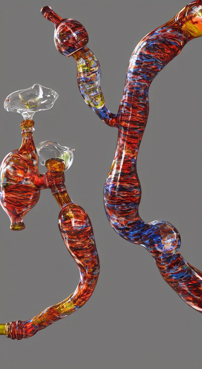 Prompt: a murano glass hookah pipe in the shape of a human respiratory system in the style of a medical diagram, unreal engine, 8k,