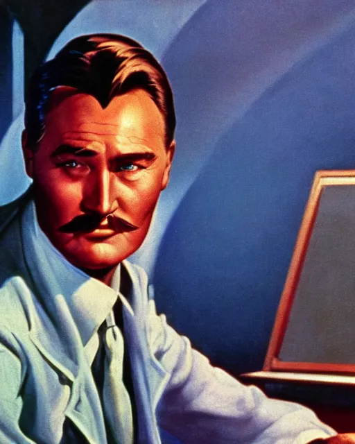 Prompt: Errol Flynn as a scientist. 1980s dystopian Soviet Russia, propaganda screens. Unreal engine, fantasy art by Edward Hopper. Faithfully depicted facial expression, perfect anatomy global illumination, radiant light, detailed and intricate environment