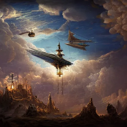 Prompt: a steampunk airship flying over a magical dark landscape, antique, ornate, beautiful clouds, translucent, illuminated from behind, adventurous, matte painting