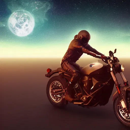 Image similar to a motorcycle floating in space inside magic colorful glowing fog, starry sky, tranquil, desolate, atmospheric, hazy, autochrome, 8k, octane render, unreal engine 5