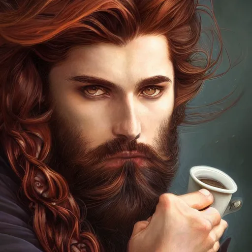 Prompt: portrait of a manly wolf, male, handsome, masculine, full body, red hair, long hair, soft hair, fantasy, intricate, elegant, highly detailed, suit, coffee shop, digital painting, artstation, concept art, character art, smooth, sharp focus, illustration, art by artgerm and greg rutkowski and alphonse mucha