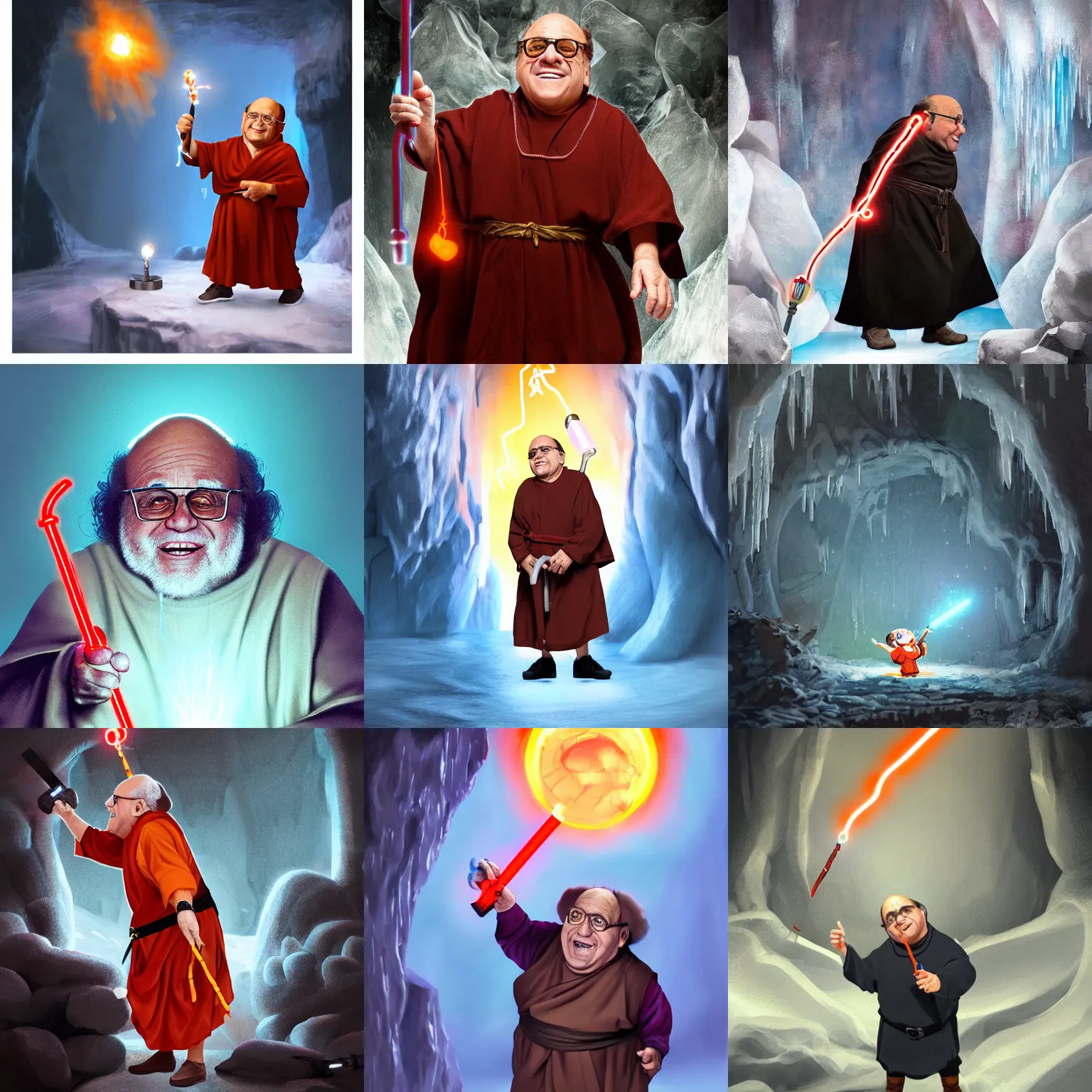 Prompt: Danny Devito wearing a monks tunic holding a small glowing red magical wand with electrical bolts emitting from it. In a cave made of ice. Trending on Artstation