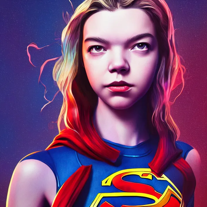 Prompt: anya taylor joy as supergirl. intricate abstract. intricate artwork. by tooth wu, wlop, beeple, dan mumford. octane render, trending on artstation, greg rutkowski very coherent symmetrical artwork. cinematic, hyper realism, high detail, octane render, 8 k, iridescent accents