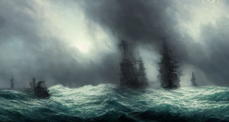 Image similar to giant enormous sailing battleship, raging sea foggy, dramatic, action scene, stormy background, shipfleet on the horizon, high detail, greg rutkowski, james gurney, gene wolfe, gustave dore, jesper ejsing, rhads, makoto shinkai, ilya kuvshinov