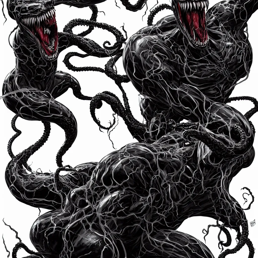 Image similar to full body long shot venom from marvel comics!!!!, large mouth with teeth, lovecraftian horror!, surrealism, fantasy, intricate, elegant, highly detailed, digital painting, artstation, concept art, matte, sharp focus, illustration, art by keith thompson and christopher lane