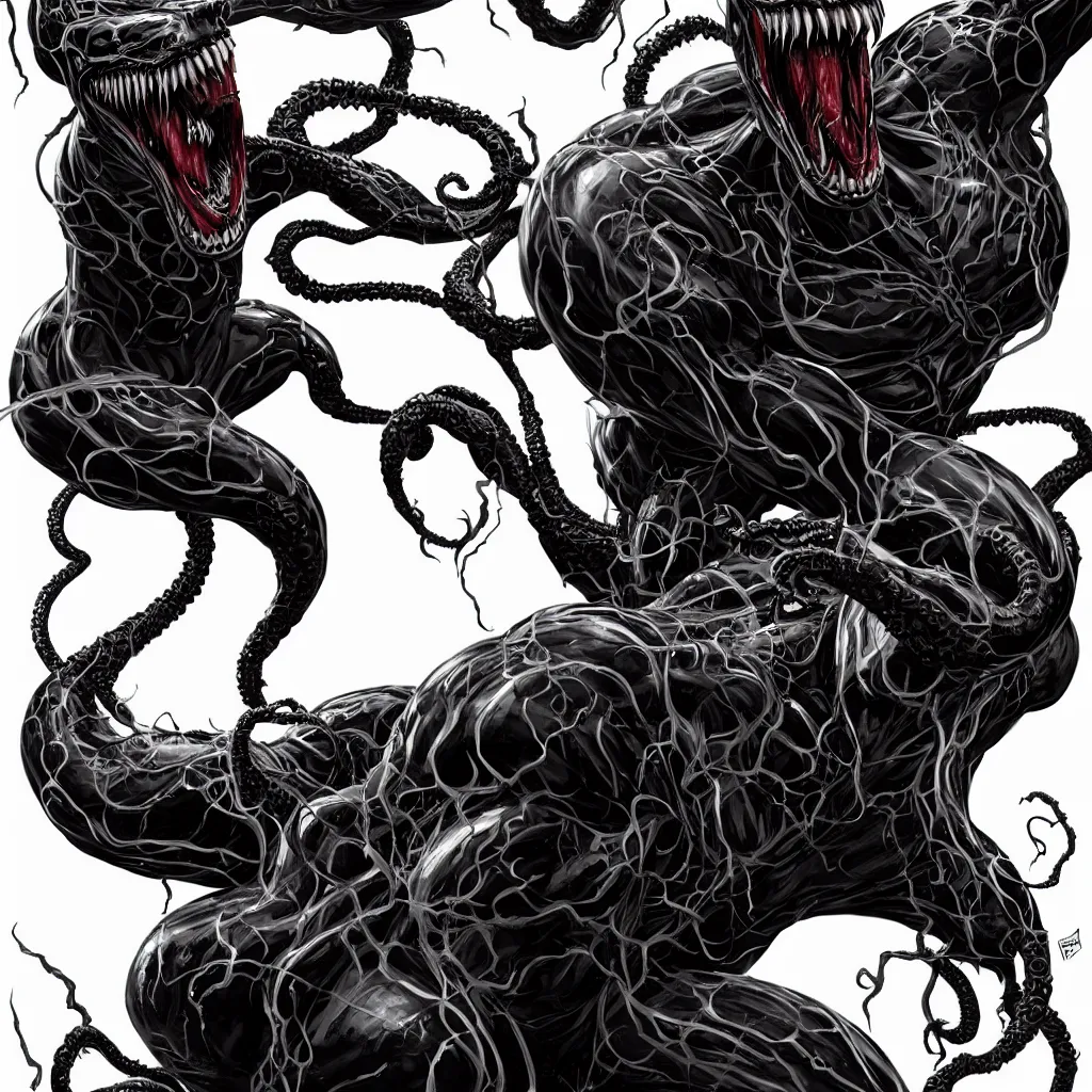 Prompt: full body long shot venom from marvel comics!!!!, large mouth with teeth, lovecraftian horror!, surrealism, fantasy, intricate, elegant, highly detailed, digital painting, artstation, concept art, matte, sharp focus, illustration, art by keith thompson and christopher lane