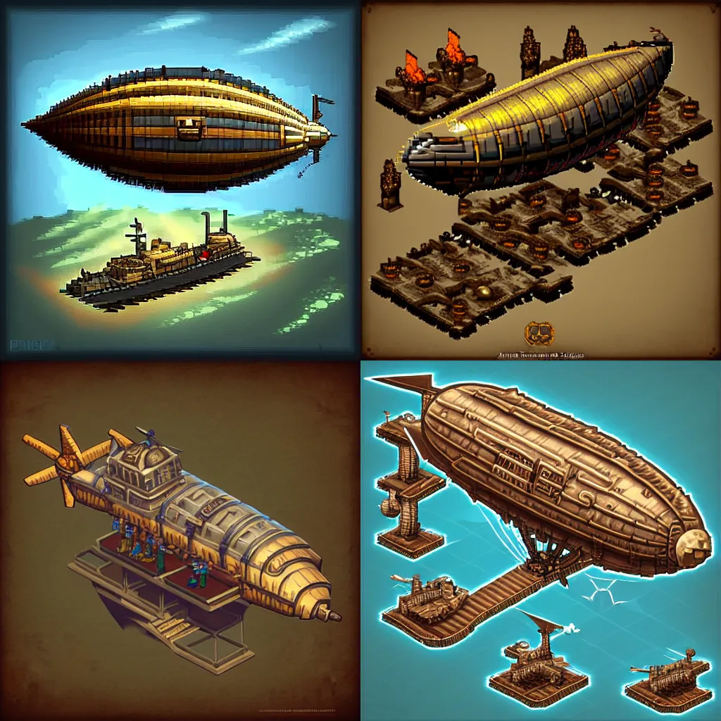 Prompt: airship in steampunk, pixel art, ArtStation, Unreal Engine, isometric view. Game RPG