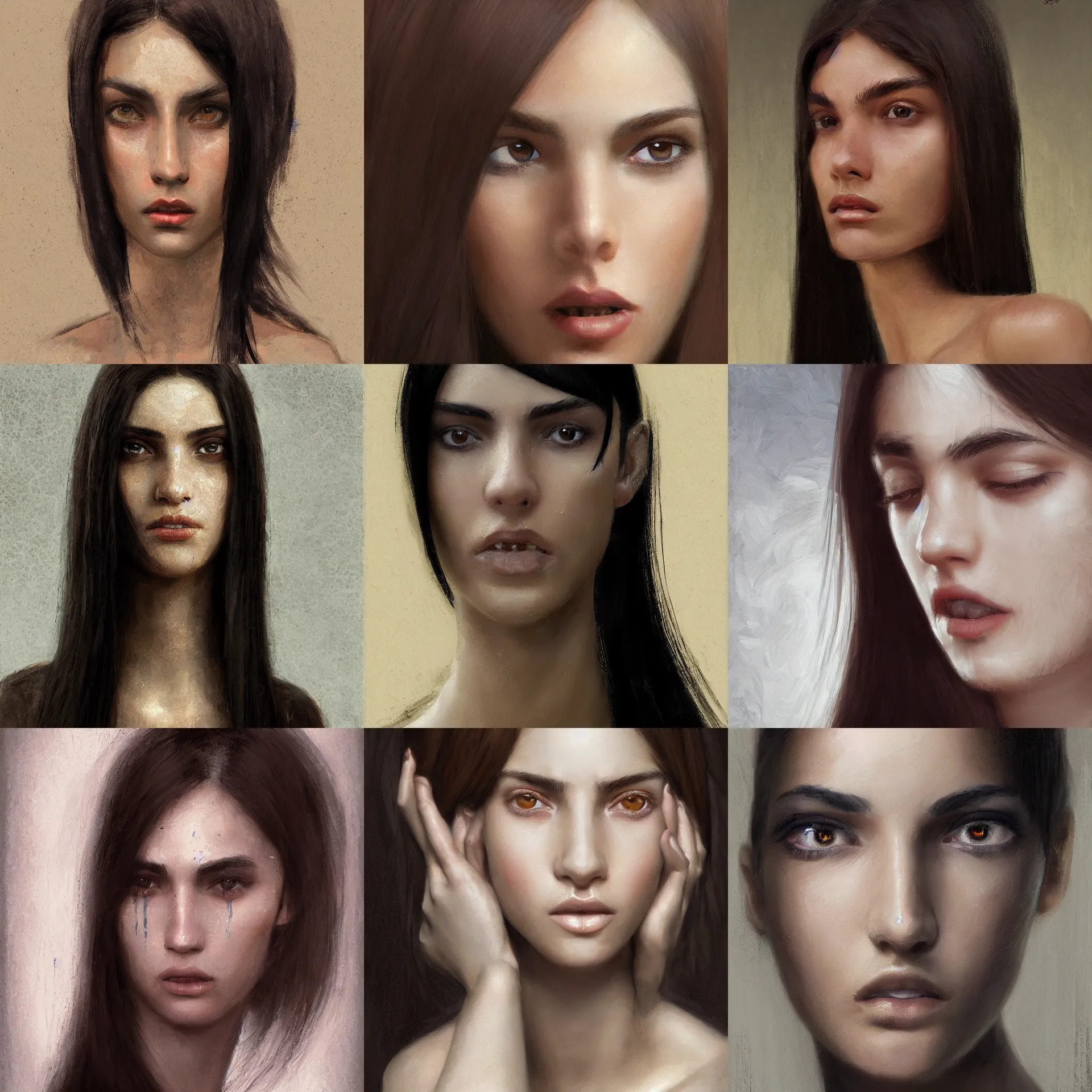 Prompt: digital art painting of a skinny 2 0 years old white skin young latino woman, oval shaped face, long black straight hair, thick eyebrows, small straight nose, strong defined jaw, brown eyes painted by craig mullins and gaston bussiere and greg rutkowski, symmetrical facial features, symmetrical face, defined facial features, dramatic lighting, close up