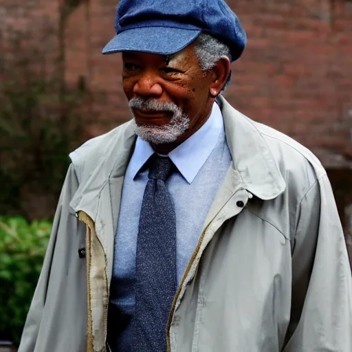 Image similar to still morgan freeman in peacky blinders wearing a news boy cap