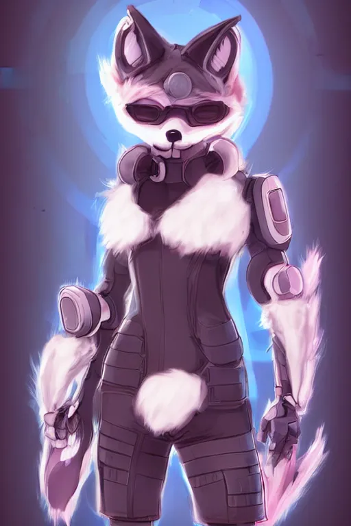 Image similar to a cute cyberpunk anthropomorphic fox with a fluffy tail, comic art, trending on furaffinity, cartoon, kawaii, backlighting, furry art!!!, cel shading, concept art, poster art