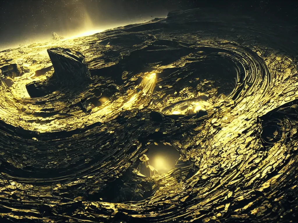 Prompt: an oceon of fluid gold falls down into a singular big massive dark black center of gravity, perspective wide angle view, impressive, intricate, futuristic, 8 k, unreal engine 5, 3 d animation, big depth of field, by ridley scott, by j. j. abrams