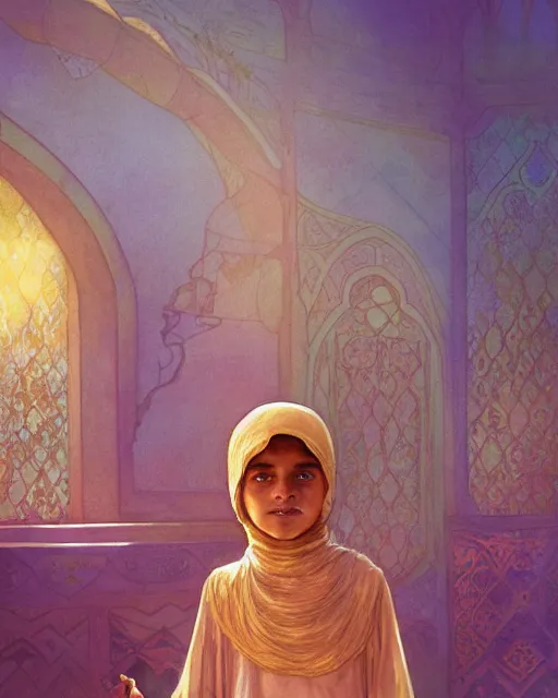 Image similar to a faceless bedouin child infront of a big open quran highly detailed, gold filigree, romantic storybook fantasy, soft cinematic lighting, award, disney concept art watercolor illustration by mandy jurgens and alphonse mucha and alena aenami, pastel color palette, featured on artstation