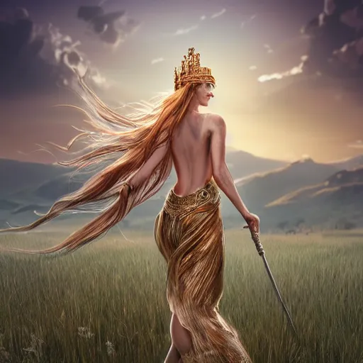 Prompt: a radiant greek mythology goddess walking in a beautiful field, mountains in the distance, jewelry, crown, confident, gorgeous, stunning, dramatic lighting, detailed, very realistic, trending on Artstation, Cgsociety