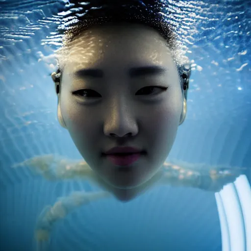 Image similar to beautiful centered fine art photo portrait of hoyeon jung as a solarpunk robotic humanoid treading above water, white mechanical parts with led lights, ultra - detailed and intricate, white background, sun lighting, soft focus, slow exposure hdr 8 k