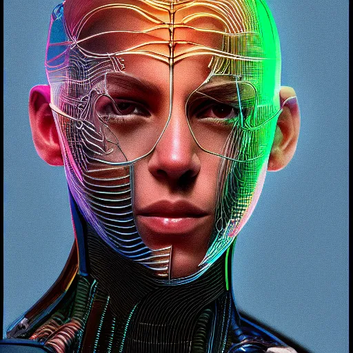 Image similar to a beautiful portrait of a young bionic male cyborg, cyberpunk, intricate wiring, perfectly clean translucent skin, perfect proportions, electronic components, augmented vision, volumetric light, photography, color, intricate, extremely detailed, hyperrealistic, color pencil drawing, trending on artstation