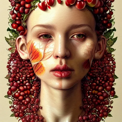 Prompt: portrait made of apples and fruit, fantasy, intricate, elegant, highly detailed, lifelike, photorealistic, digital painting, artstation, illustration, smooth, sharp focus, art by albert aublet, krenz cushart, artem demura, giuseppe arcimboldo