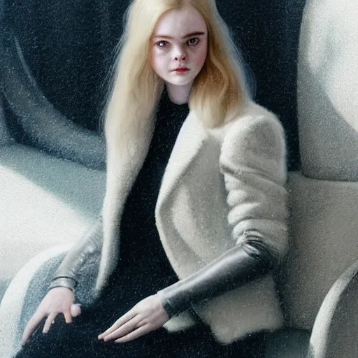 Prompt: Elle Fanning sitting on a white leather chair in the world of Johannes Vormeer, head and shoulders portrait, stormy weather, extremely detailed masterpiece, oil on canvas, low-key neon lighting, artstation, Blade Runner 2049, Roger Deakin’s cinematography, by J. C. Leyendecker and Peter Paul Rubens and Edward Hopper and Michael Sowa,