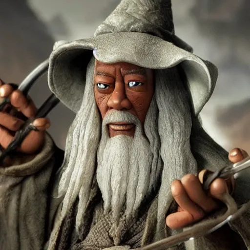 Image similar to morgan freeman starring as gandalf in lord of the rings, claymation, 8 k, hyperdetalied, cgsociety