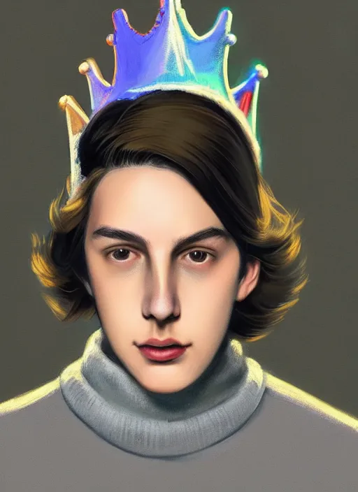 Image similar to portrait of teenage jughead jones wearing a light grey crown, crown, blue turtleneck, 1 9 5 0 s, closed eyes, photorealistic, black hair, glowing lighting, intricate, elegant, glowing lights, highly detailed, digital painting, artstation, concept art, smooth, sharp focus, illustration, art by wlop, mars ravelo and greg rutkowski