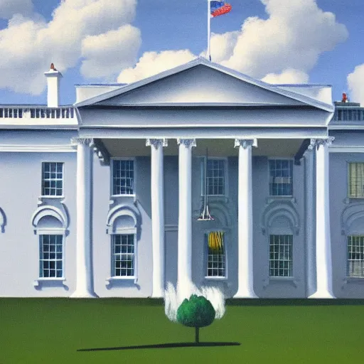 Image similar to painting of the white house by rene magritte, hd, 4 k, detailed, award winning