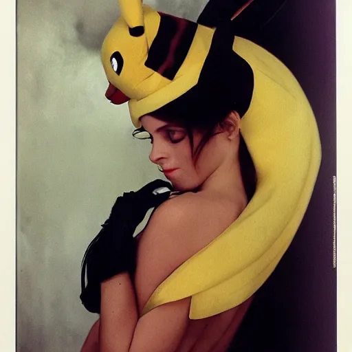 Image similar to elegant woman dressed up as pikachu, art photo by Annie Liebovitz and Alphonse Mucha