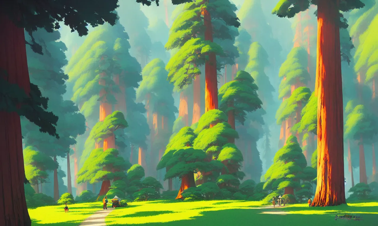 Image similar to Sequoia park in a colorful moutain with beautiful trees , no people, morning, by studio ghibli painting, superior quality, masterpiece, traditional Japanese colors, by Grzegorz Rutkowski, concept art