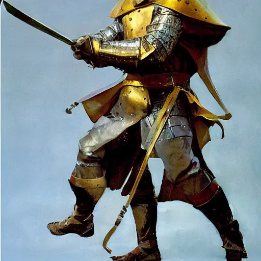 Image similar to man wearing gambeson and bascinet helmet, swinging sword, fighting, detailed by greg manchess, craig mullins, bernie fuchs, walter everett