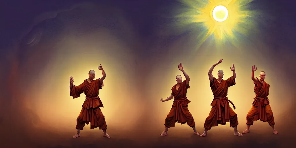 Image similar to [ shaolin monks. orbs of light hover over their open palms ] ( backdrop : shrine / night sky / bamboo / full moon / flora ) fantasy art, digital painting, golden hour, sunburst, highly detailed. realistic award, 8 k concept art, watercolor splash, epic mythology, illustration style of disco elysium