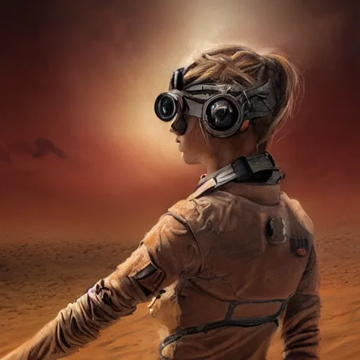 Prompt: tattooed dirty stoic butch heroic emotionless blonde woman engineer in tattered dirty flight suit, very short messy hair, victorian goggles, back pose, crossing primitive hostile alien desert, clouds of red dust, highly detailed, digital painting, artstation, concept art, matte, sharp focus, illustration, art by artgerm and greg rutkowski