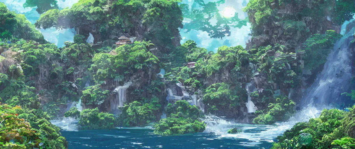 Image similar to a small crumbling island with waterfalls flowing off the island, floating in space, studio ghibli, digital art, detailed, depth of field