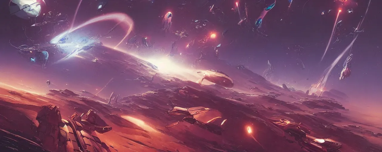 Prompt: retro futuristic sci - fi poster by moebius and greg rutkowski, epic spaceships battle, nebulae, planet mars