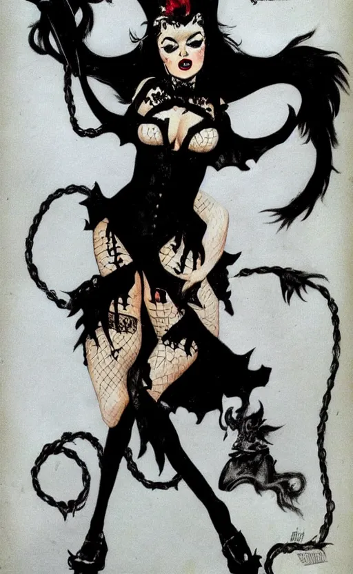 Image similar to of a witch girl burlesque psychobilly punk, rockabilly black hair, white background, drawing, illustration by frank frazetta