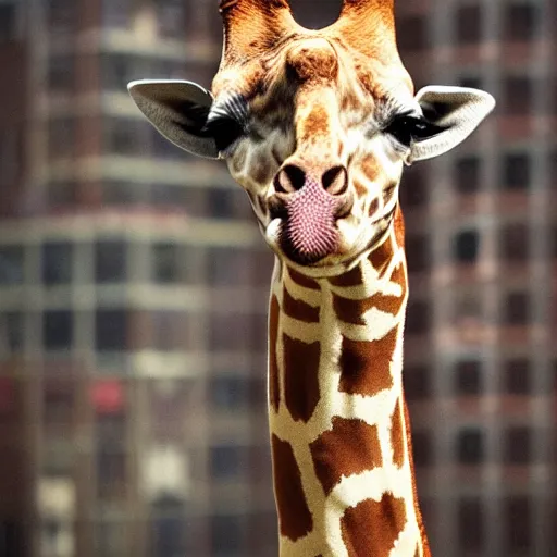 Image similar to foreground, giraffe girl. she has a very long neck and is fluffy. wool. beautiful attire. she looks in the windows. on the 3 rd floor. hyper - realistic photo. fantasy