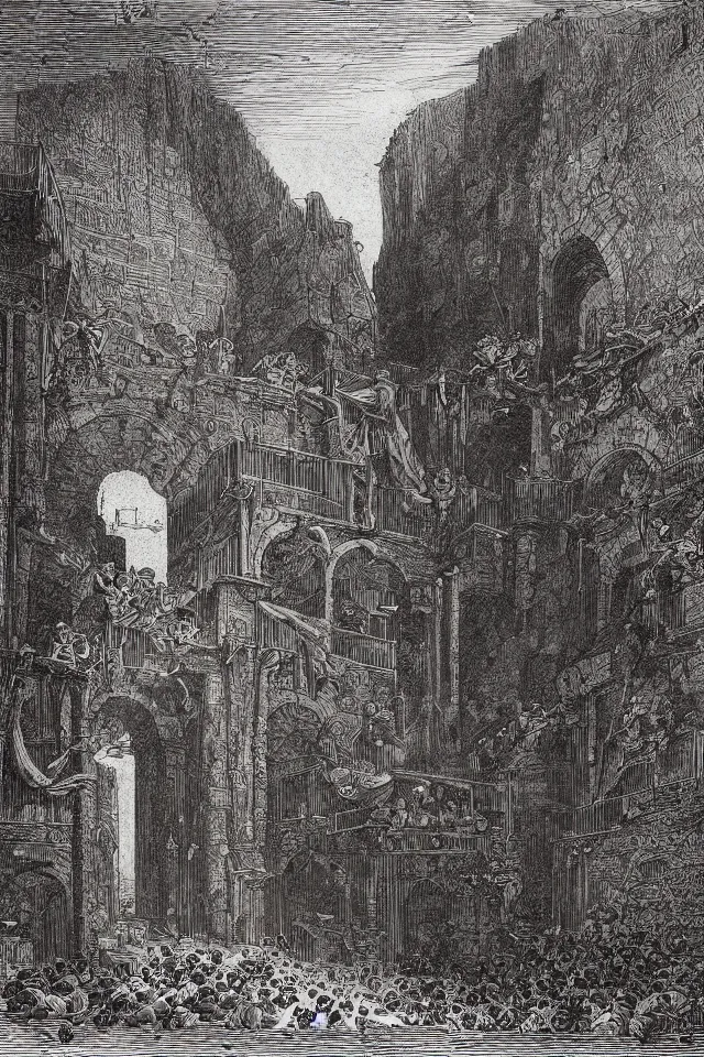 Image similar to an engraving of a medieval dungeon, carceri d'invenzione, by giovanni battista piranesi, gustave dore, volumetric lighting