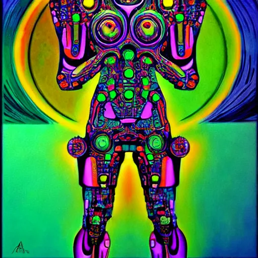 Image similar to psychedelic organic cyborg, art by albert aublet