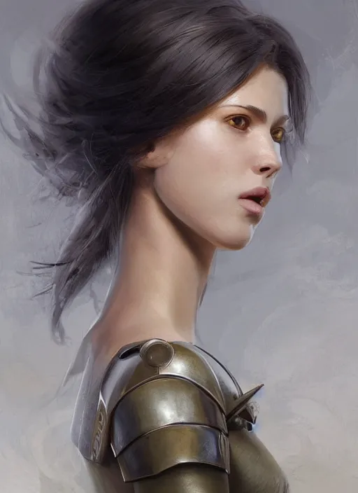 Image similar to a professional painting of a beautiful young female, clothed in military armor, olive skin, long dark hair, beautiful bone structure, symmetrical facial features, intricate, elegant, digital painting, concept art, smooth, sharp focus, illustration, from Metal Gear, by Ruan Jia and Mandy Jurgens and Artgerm and William-Adolphe Bouguerea