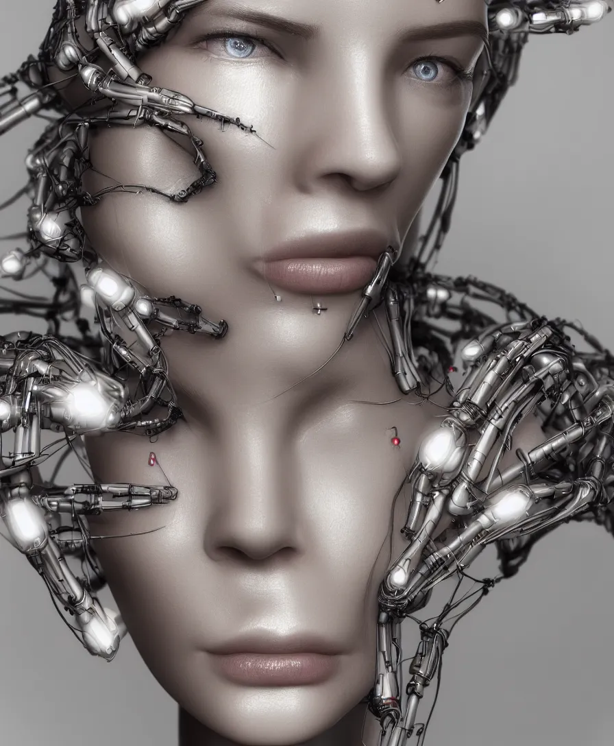 Prompt: a beautiful close up portrait of a symmetric woman face, with bionic cyborg implants, wires, tubes, biomechanical details, cinematic lights, depth of field, cinematic, concept art, 5 0 mm, artstation, elegant, focus, octane render, vray, by h. r. giger