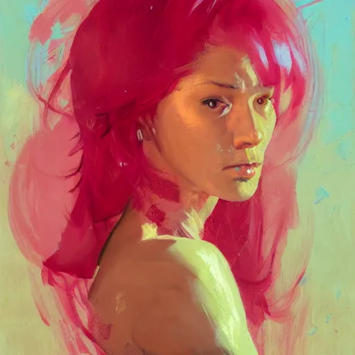 Prompt: greg manchess portrait painting of an female survivor in a bloody pink t shirt, goddess, wet flowing hair, bandage nose, shiny wet skin, medium shot, asymmetrical, profile picture, organic painting, matte painting, bold shapes, hard edges, street art, trending on artstation, by huang guangjian and gil elvgren and sachin teng