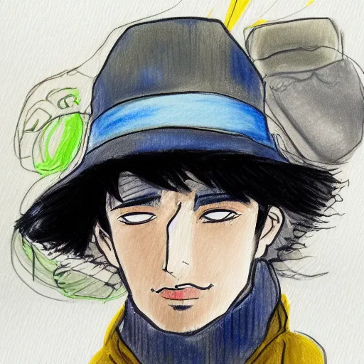 Image similar to a drawing of a man wearing a hat, a gouache by Hirohiko Araki, tumblr contest winner, modern european ink painting, watercolor, colorized, art on instagram