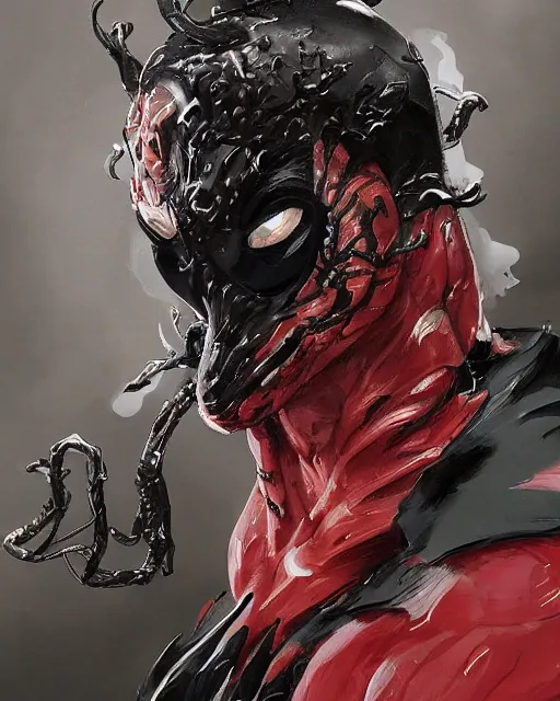 Image similar to highly detailed closeup portrait of a mutated venom symbiote in deadpool suit with a fierce expression, wearing his katana, by atey ghailan, by greg rutkowski, by greg tocchini, by james gilleard, by joe fenton, by kaethe butcher, red, black, crimson and grey color scheme