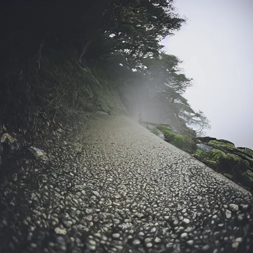 Prompt: a scene from a fever dream, Bicycling on a rocky path, Rider's POV, point of view, GoPro camera, entering the scary murky ocean, Fog. Ultrarealistic 25mm f/1.7 ASPH Lens