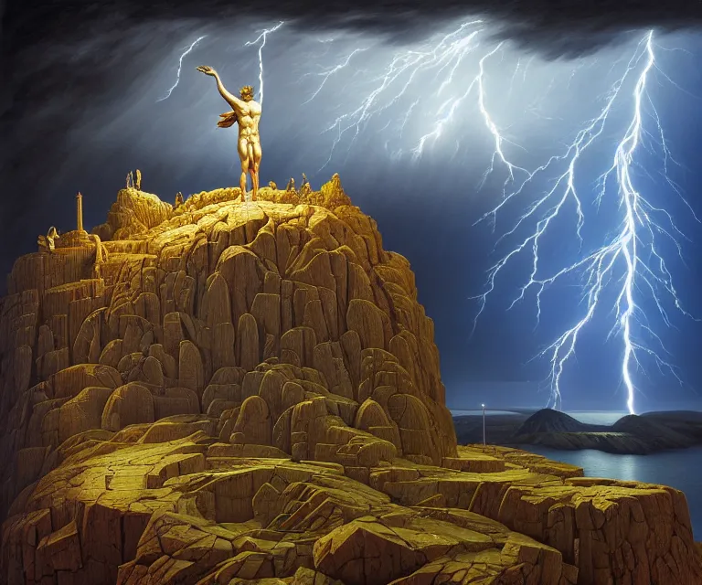 Image similar to hyper detailed 3d render like a Oil painting - greek god zeus standing tall on top of mount olympus, lightning storm in background, by Jacek Yerka, Mariusz Lewandowski, Houdini algorithmic generative render, Abstract brush strokes, Masterpiece, Edward Hopper and James Gilleard, Zdzislaw Beksinski, Mark Ryden, Wolfgang Lettl, hints of Yayoi Kasuma, octane render, 8k