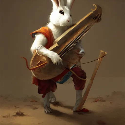 Prompt: An anthropomorphic rabbit plays the lute, highly detailed, artstation, greg rutkowski