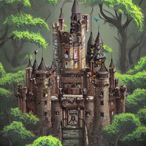 Prompt: mideval fantasy castle in an epic forrest clearing in style of Jhonen Vasquez,dawn,photorealistic,detailed,trending on artstation
