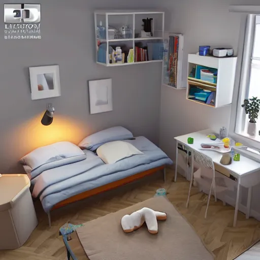 Image similar to ikea room interior of an isometric low - poly 3 d bedroom, soft lighting